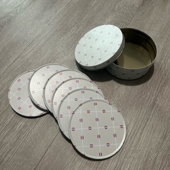 Vintage coaster tin set of 6 coasters- gray red blue- pattern- drink coaster - Picture 9 of 9